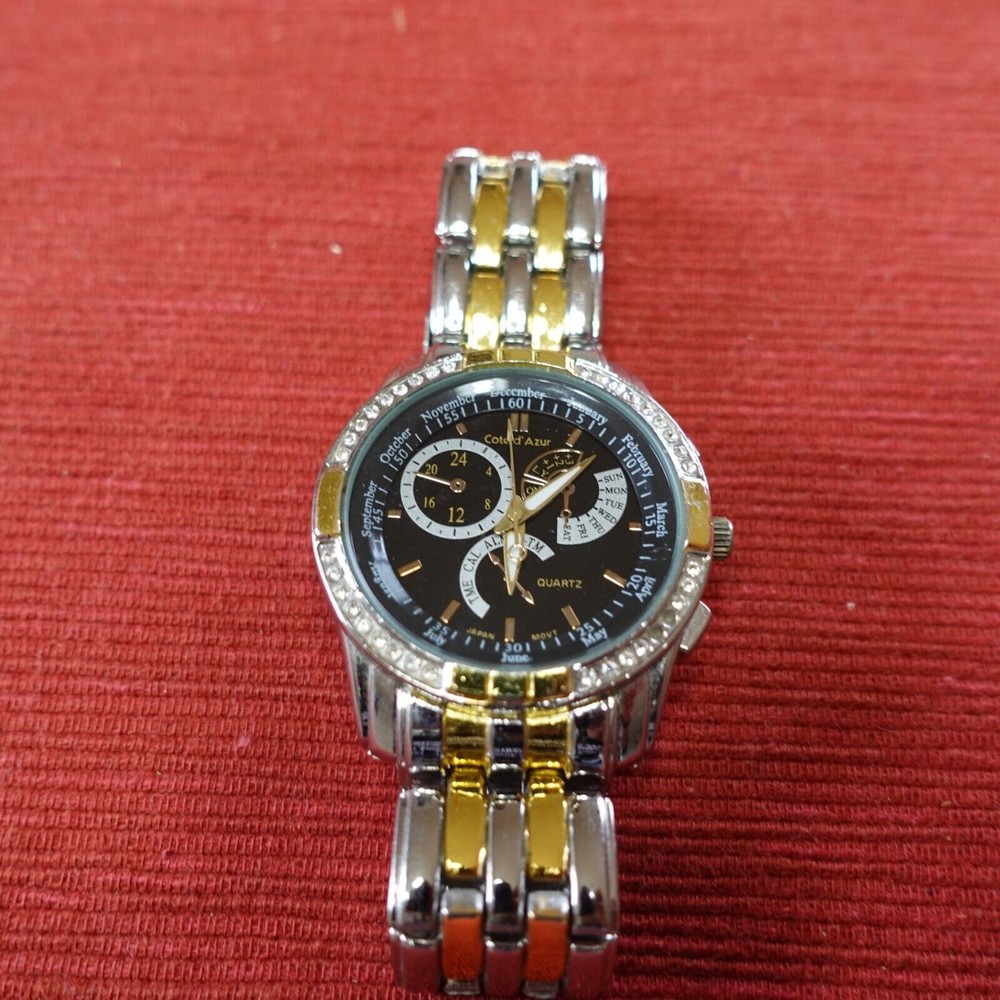 Cote D'Azur Men's Two Toned Gold Link CZ Bezel Analog Quartz Watch